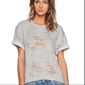 IRO Jeans Distressed Short Sleeve Sweatshirt Gray Raw Hem Crew Neck XS